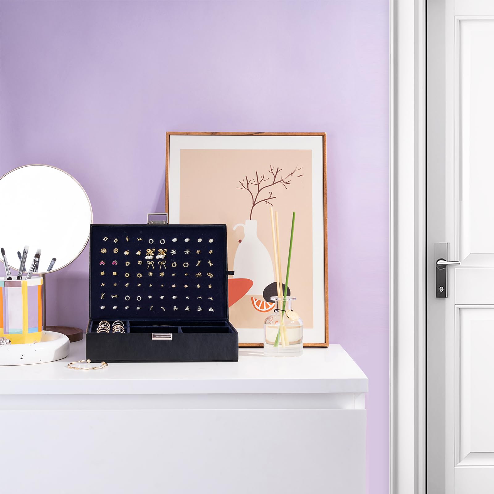 ProCase Jewelry Box Organizer for Women Girls Mothers Day Gift, Upgraded Jewelry Case with 8 Extra Tarnish Free Bags, PU Leather Jewellery Holder Storage Container for Earrings Necklaces Rings -Black