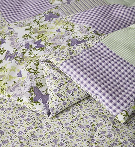 Chezmoi Collection Daisy 2-Piece Printed Patchwork Comforter Set - Purple Butterfly Botanical Candy Stripe Checkered - Microfiber Lightweight Reversible Bedding, Twin Size