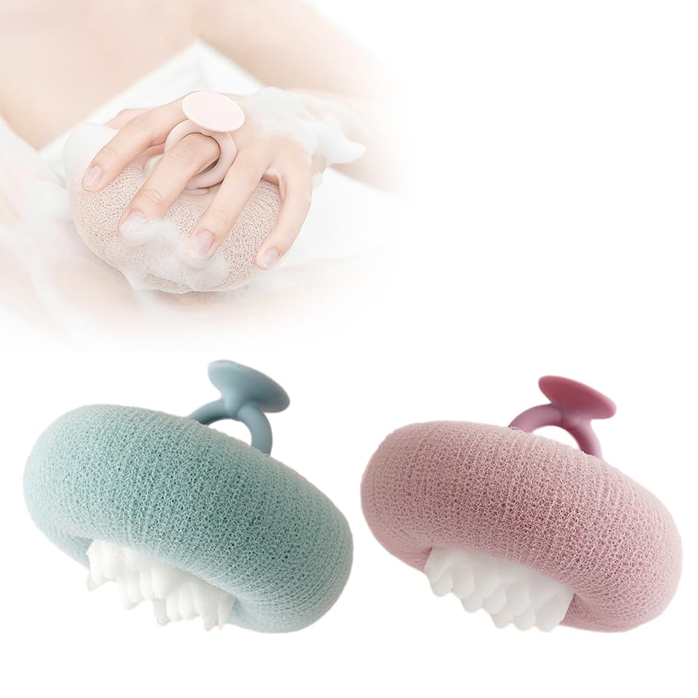 Super Soft Sunflower Suction Cup Bath Ball, 2024 Upgraded 2-in-1 Sunflower Bath Ball Exfoliating Bath Sponge Cleaning Brush, Sponge Mesh Pouf Shower Ball for Women, Men Shower (Purple+Green)