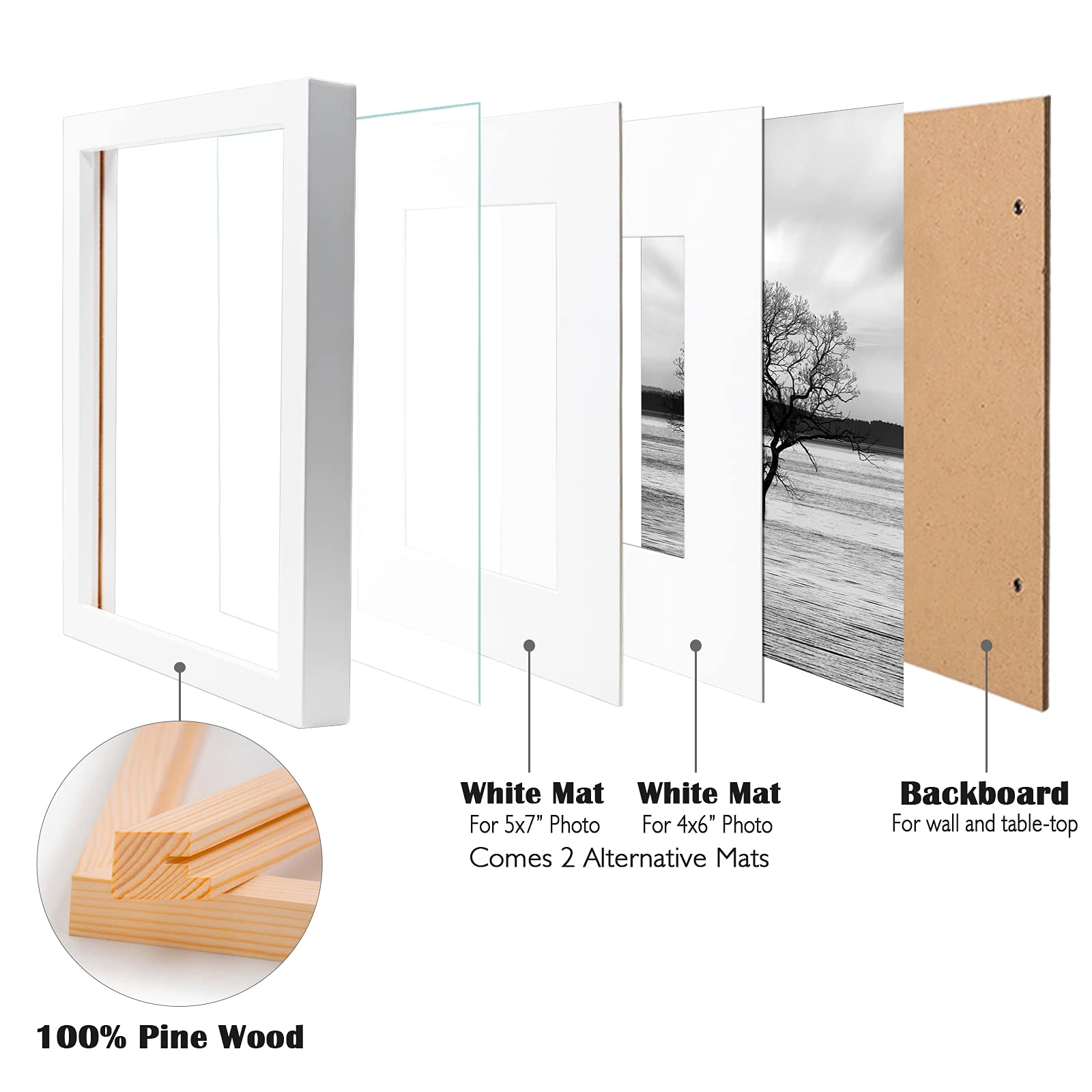 Egofine 8x10 Picture Frames Set of 4, Made of Solid Wood Covered by Plexiglass 4x6 and 5x7 with Mat or 8x10' without Mat, for Table Top Display and Wall Mounting Photo Frame White