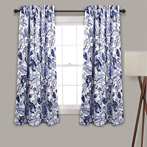 Lush Decor, Blue Cynthia Jacobean Darkening Window Curtains Set for Living, Dining Room, Bedroom, 63" L Panel Pair
