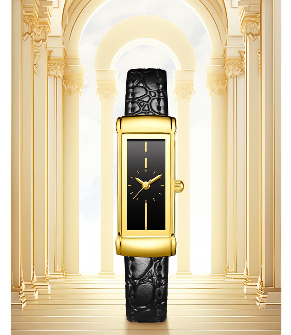 BESTKANG Women's Leather Watch Fashionable Rectangular Elegant Retro Waterproof Wrist Watch (Black Gold)