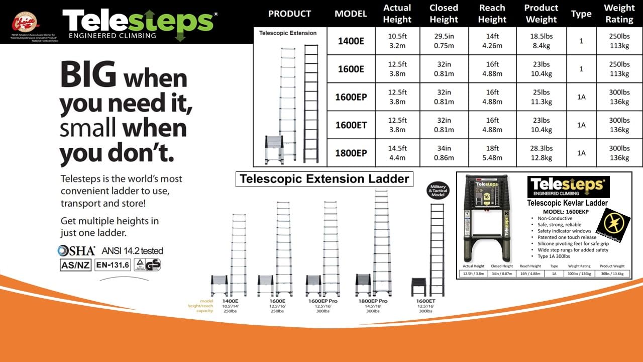 Telesteps 1800EP Automatic Telescoping Ladder, Patented One-Touch Release, OSHA Compliant, 14.5 ft Extended Height, Up to 18 ft Reach, Wide Pro Step, Telescoping Extension Ladder
