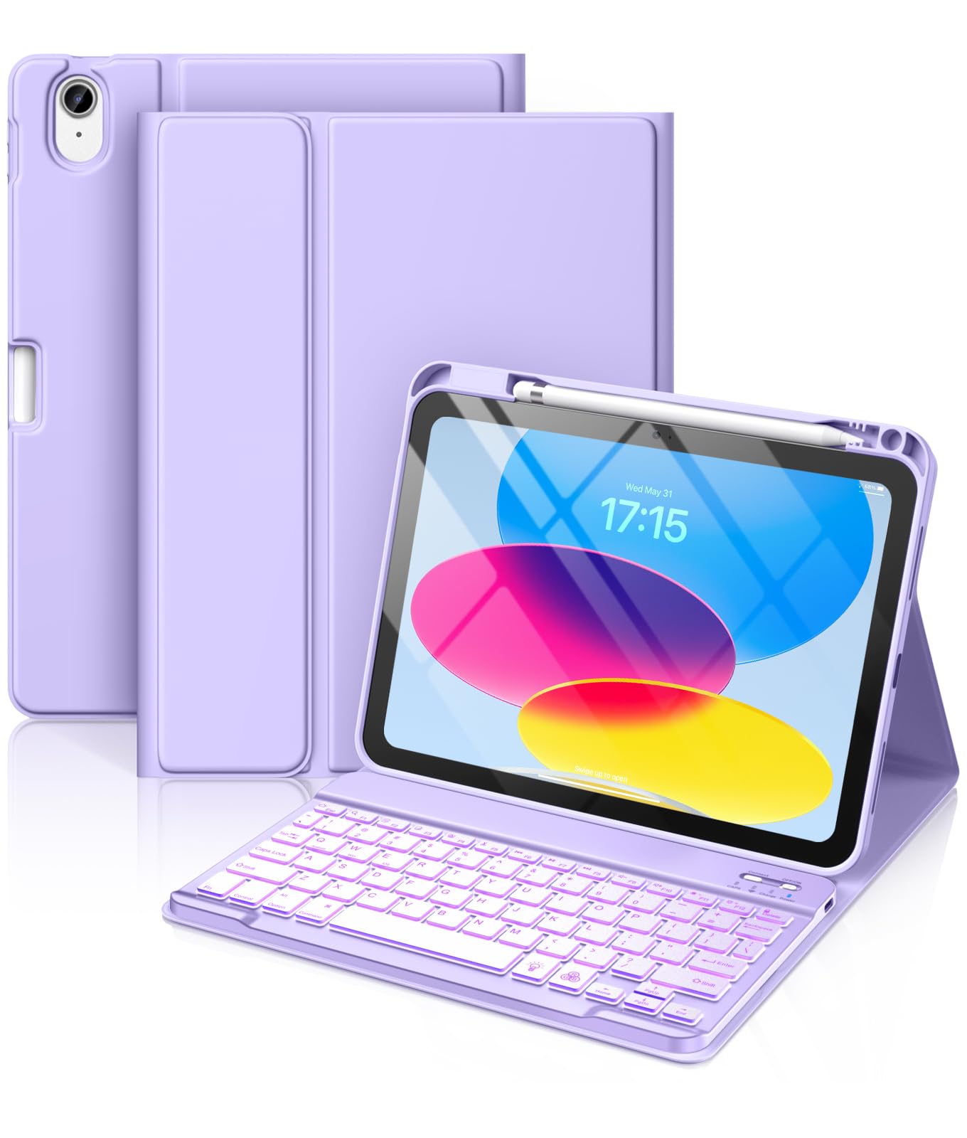 Hamile for iPad 10th Generation Case with Keyboard 10.9 Inch - 7 Colors Backlit Wireless Detachable Folio Keyboard Cover with Pencil Holder for New iPad 10th Gen 2022 (Purple)