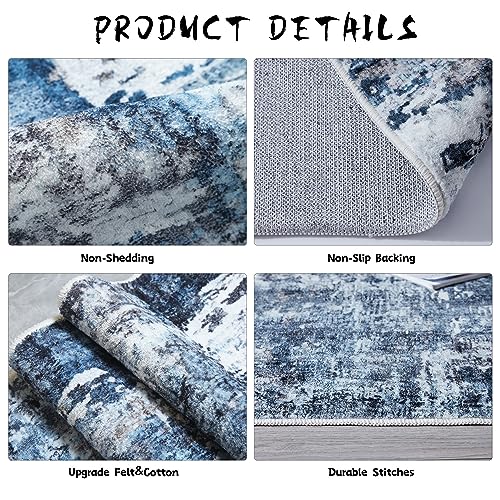 Rugcomf 2x3 Rug Washable Boho Rug Soft Small Area Rug Abstract Pattern Non-Slip Non-Shedding Faux Wool Vintage Rug for Door Mat, Kitchen, Floor, Entryway, Powder Room, Blue