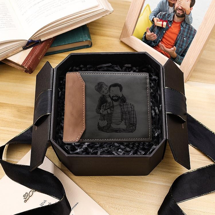 Amsgedhie Personalized Photo Mens Wallets Leather: Custom Initial Name Bi-fold Wallet for Men Father - Men's wallets Wallet for Dad Boyfriend Grandpa Birthday Gift (Gray Photo Monogram)