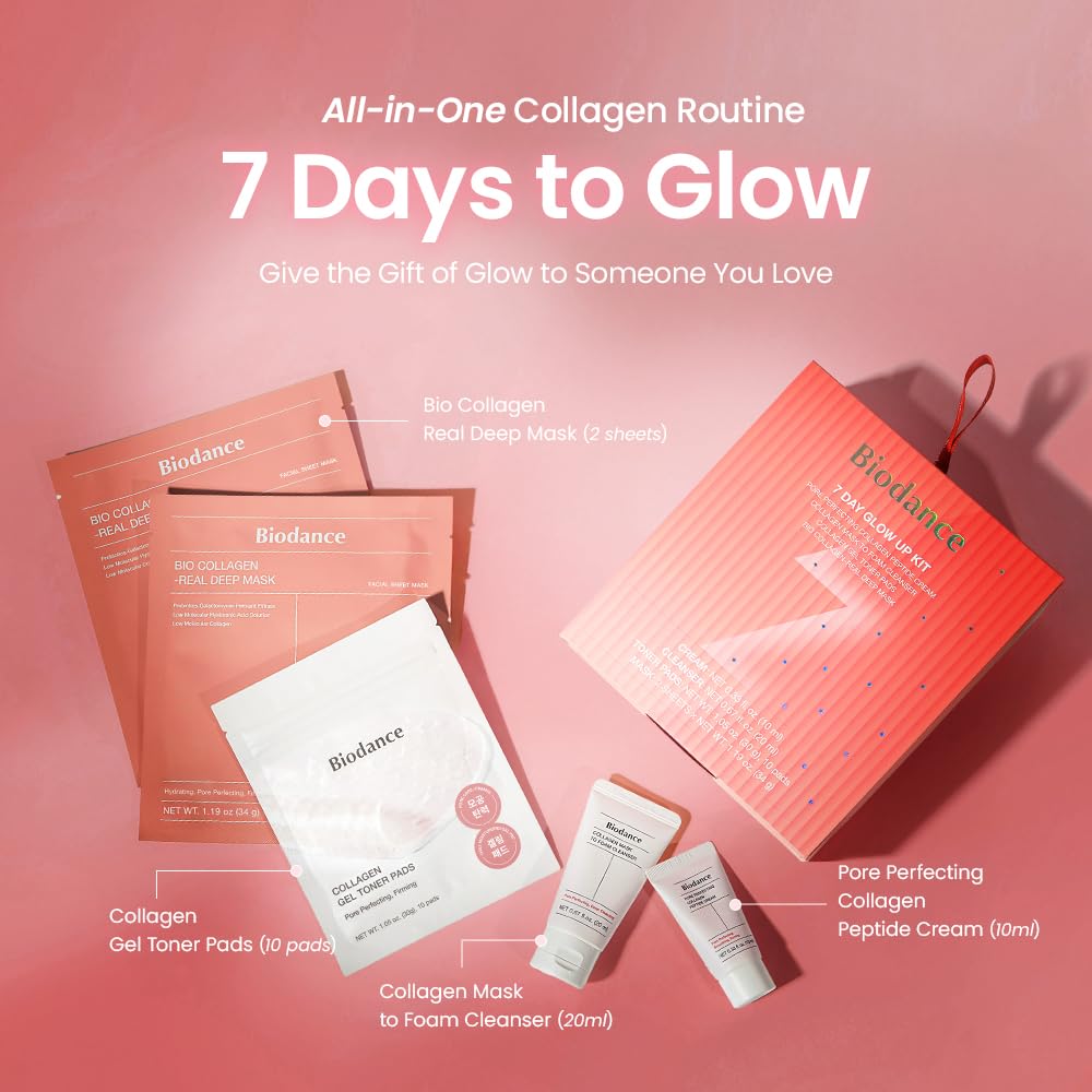 BIODANCE 7 Day Glow Up Kit: Collagen Gift Set for Glass-Skin, Korean Skin Care with Mask to Foam Cleanser, Toner Pads, Moisturizer, Gel Masks, All-in-One Skin Care Set