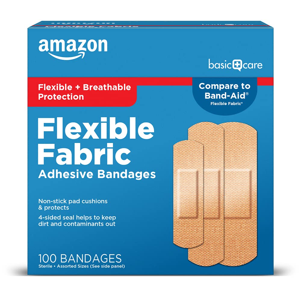 Amazon Basic Care Flexible Fabric Adhesive Bandages, First Aid and Wound Care Supplies, Assorted Sizes, 100 Count
