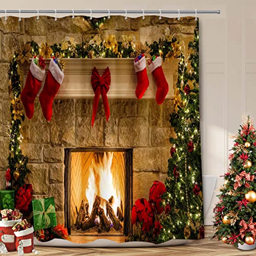 BROSHAN Christmas Shower Curtain Fabric Small, Xmas Season Eve Fireplace Gifts Socks Print Holiday Shower Curtain for Shower Stall, Red Christmas Bathroom Decor Set with Hooks, 60 x 72