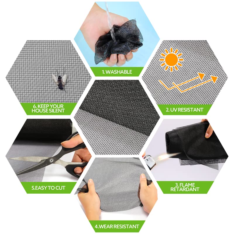 FLYZZZ Windows Screen Door Repair Kit Fiberglass Mesh 48''x118'' Black Window Screen Repair Kit Replacement Mesh Tool for Patio Screen Sliding Door Screen
