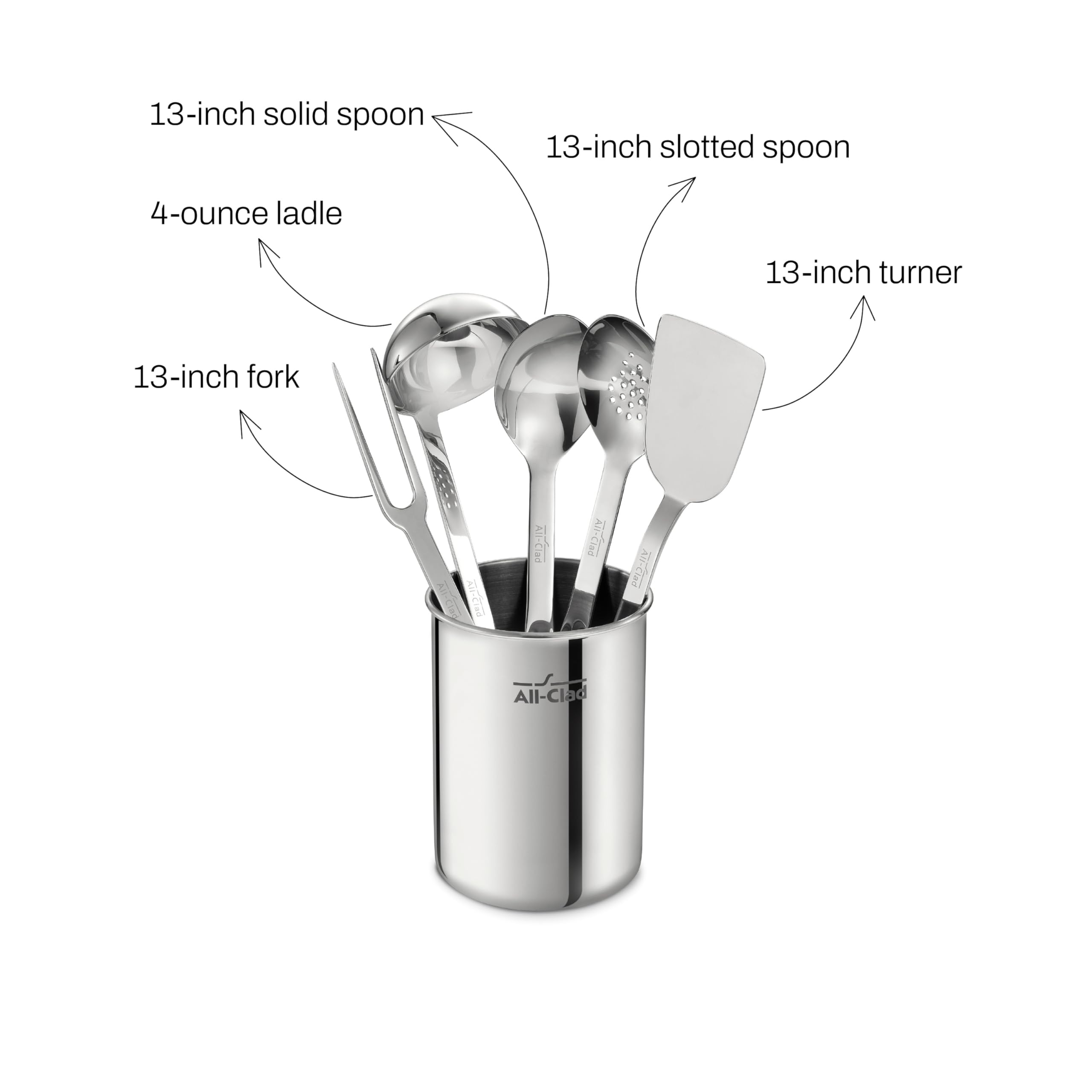 All-Clad Professional Stainless Steel Kitchen Gadgets and Caddy 5 Piece Kitchen Tools, Kitchen Hacks Silver