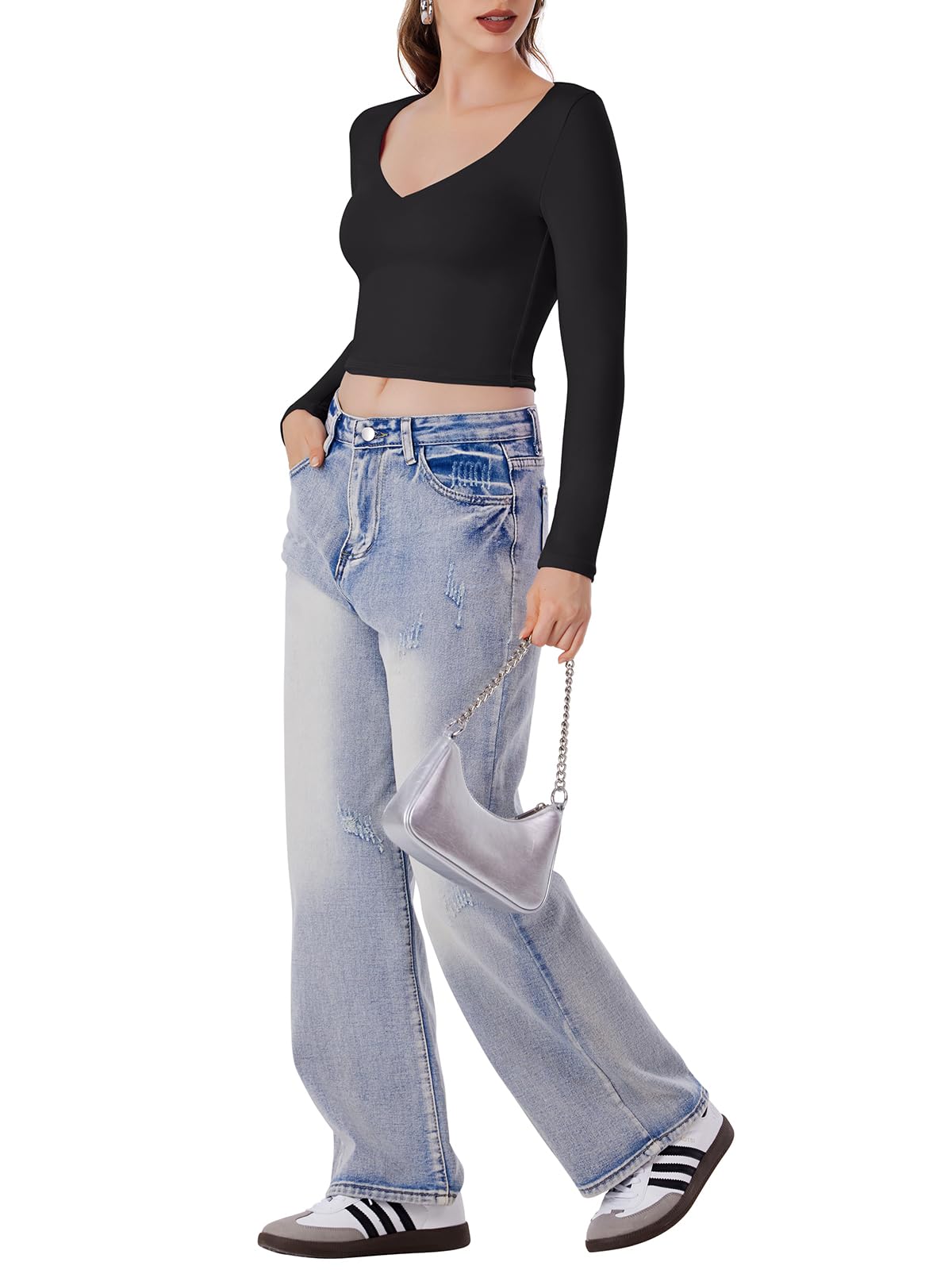 REORIA Women's V Neck Long Sleeve Slim Fitted Crop Tops Soft Layering Basic Shirt 2024 Fall Going Out Top Black