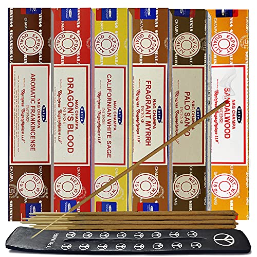 Satya Incense Sticks Variety Pack #10 and Holder Bundle with 6 Classic Fragrances Sandalwood Dragon's Blood Palo Santo White Sage