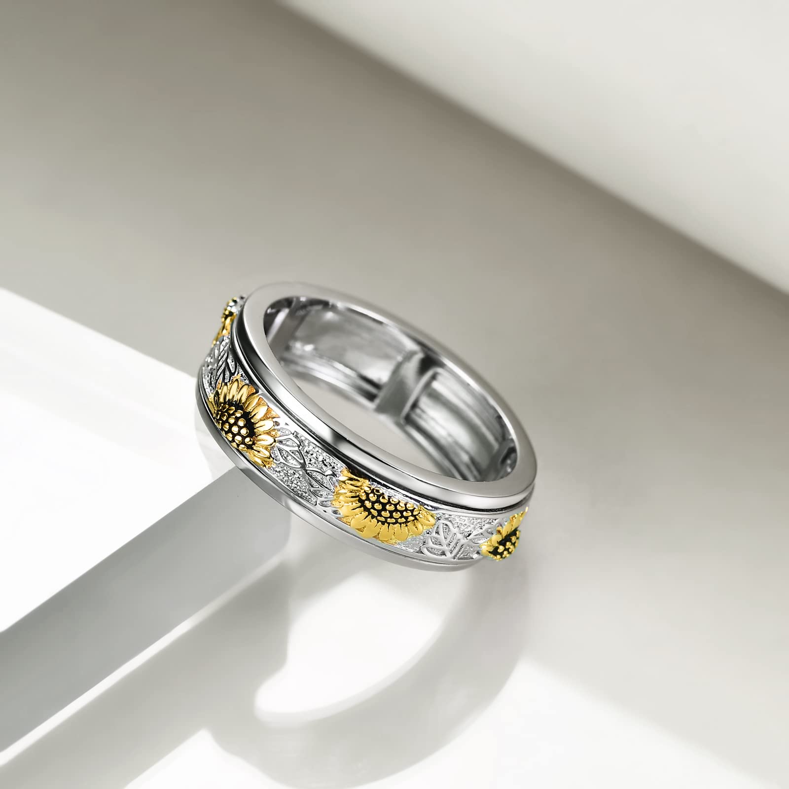 POPLYKE Sterling Silver Sunflower Flower Anxiety Spinner Rings Rotatable Mood Rings for Women Men Relieve Stress Gift(6 Size)