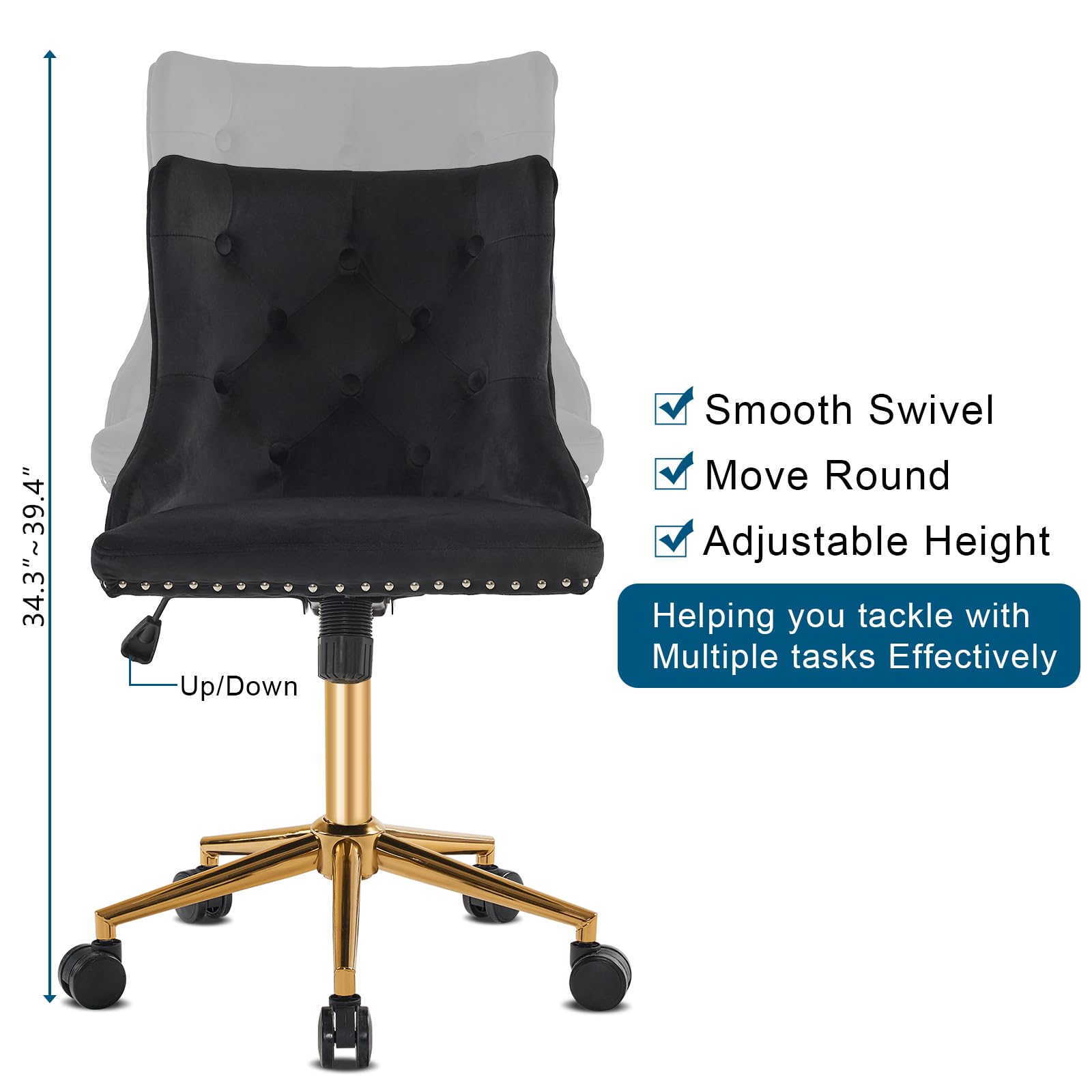 VINGLI Black Velvet Armless Home Office Desk Chair with Gold Base/Wheels, Small Cute Vanity/Makeup Chair with Back for Bedroom, Upholstered Adjustable Rolling Swivel Nail Chair for Women/Girls