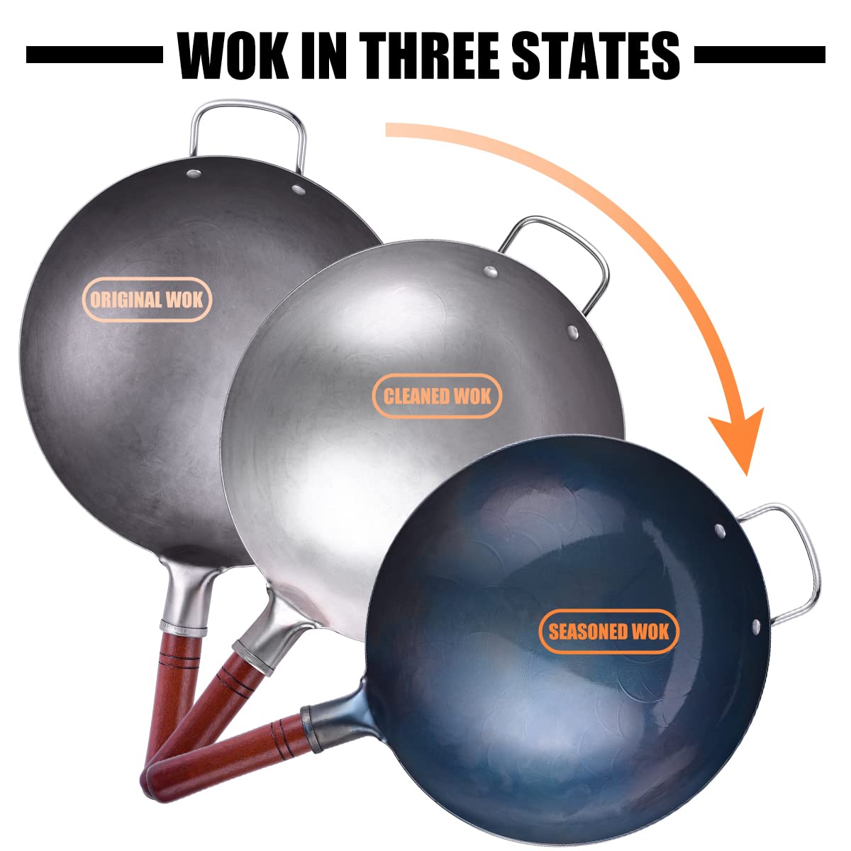 Teewe Carbon Steel Wok Traditional Hand Hammered - 13.4" Chinese Woks Round Bottom Wok Pan Set with 8 Pcs Cookware Accessories
