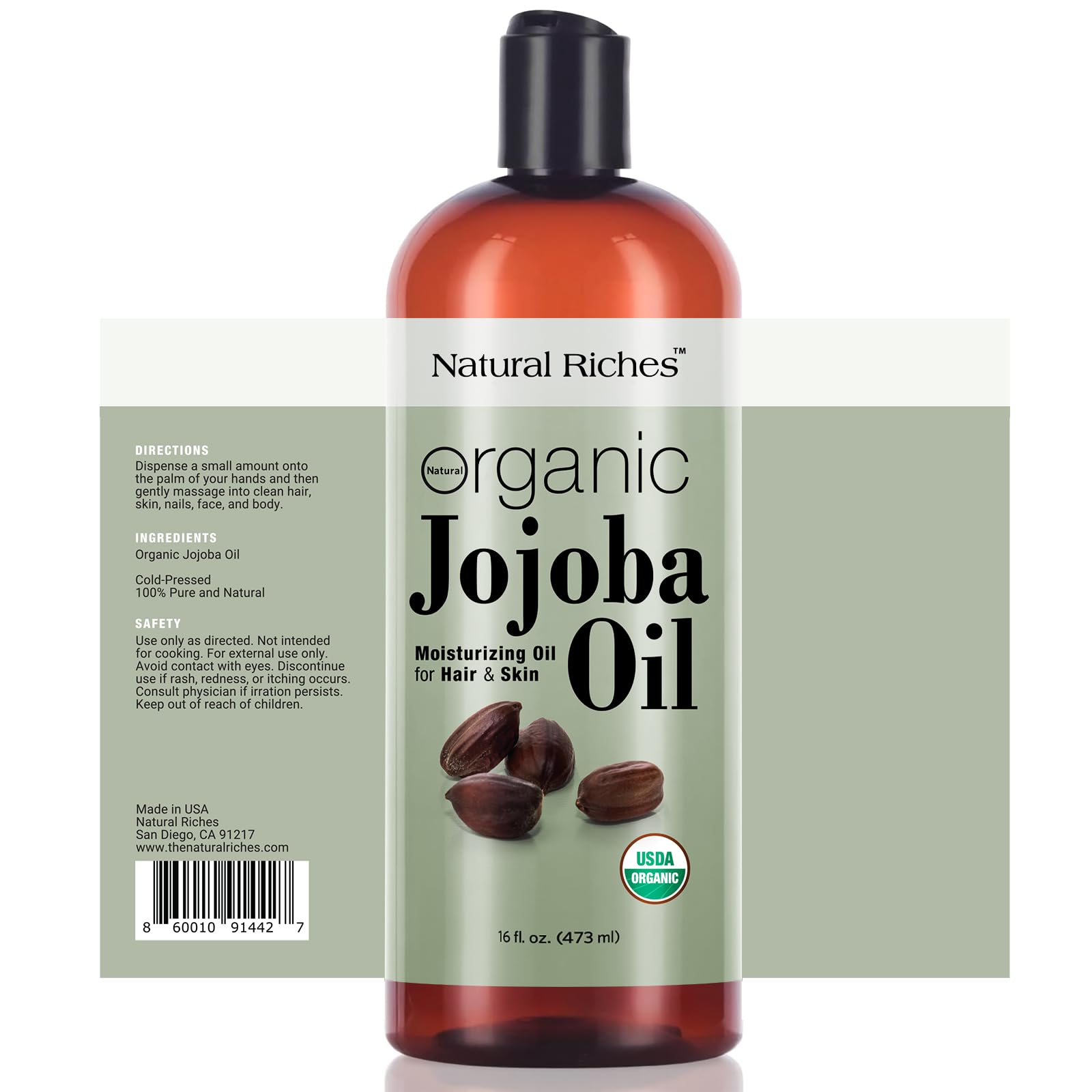 Natural Riches Organic Jojoba Oil, Pure (16 oz) | Moisturizing Oil for Face, Hair, Skin & Nails Cold Pressed Hexane Free Base Carrier oil.
