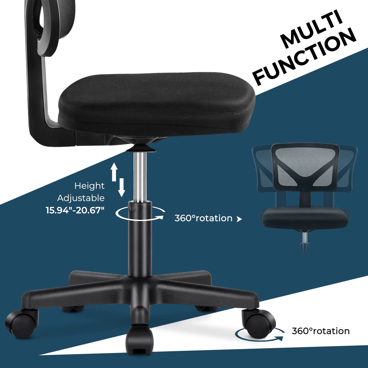 MCQ Home Office Computer Desk Chair Mid Back Armless Ergonomic Mesh with Lumbar Support Height Adjustable Swivel Task Rolling Modern Wheels for Office,Living Room, Black (SE-2077)