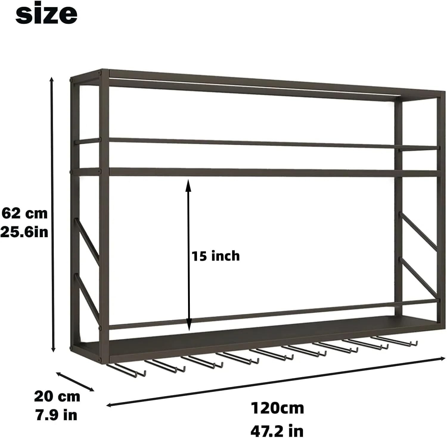 Woskar Wall Mounted Wine Rack 2 Tier, Metal Bar Liquor Shelves and Glass Holder,Wall Bar Shelf Wine Display Storage Holder for Home Bar, Dining Room, Kitchen (47.2×7.8×26in)