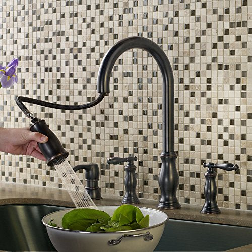 Pfister Hanover Kitchen Faucet with Pull Down Sprayer and Soap Dispenser, 2-Handle, High Arc, Tuscan Bronze Finish, F5314HNY