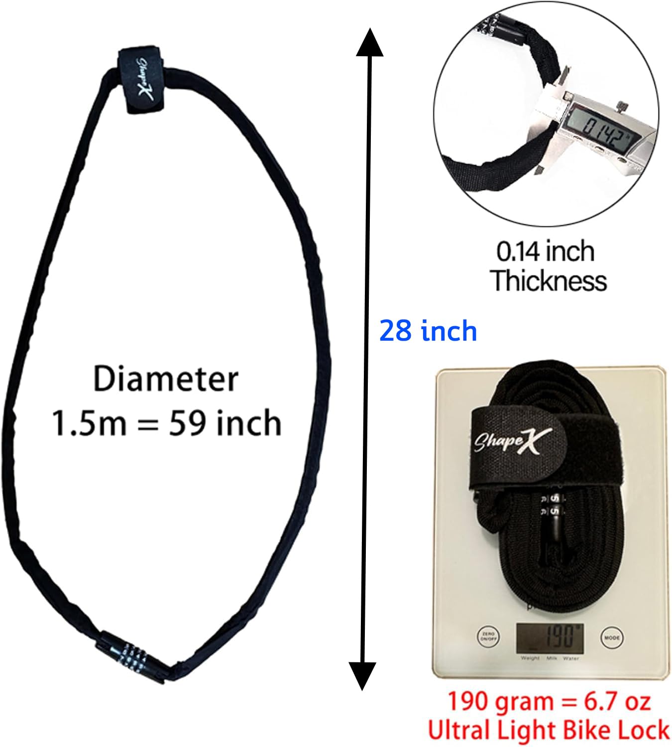 Light Weight Bike Lock for Heavy Duti Anti Theft - 59 inches - Bike Chain Locks with Chain Cutter Proof Fiber - Patented Korea - Scooter Lock - ebike Lock Cable - Bicycle Security Cable (59 inches)