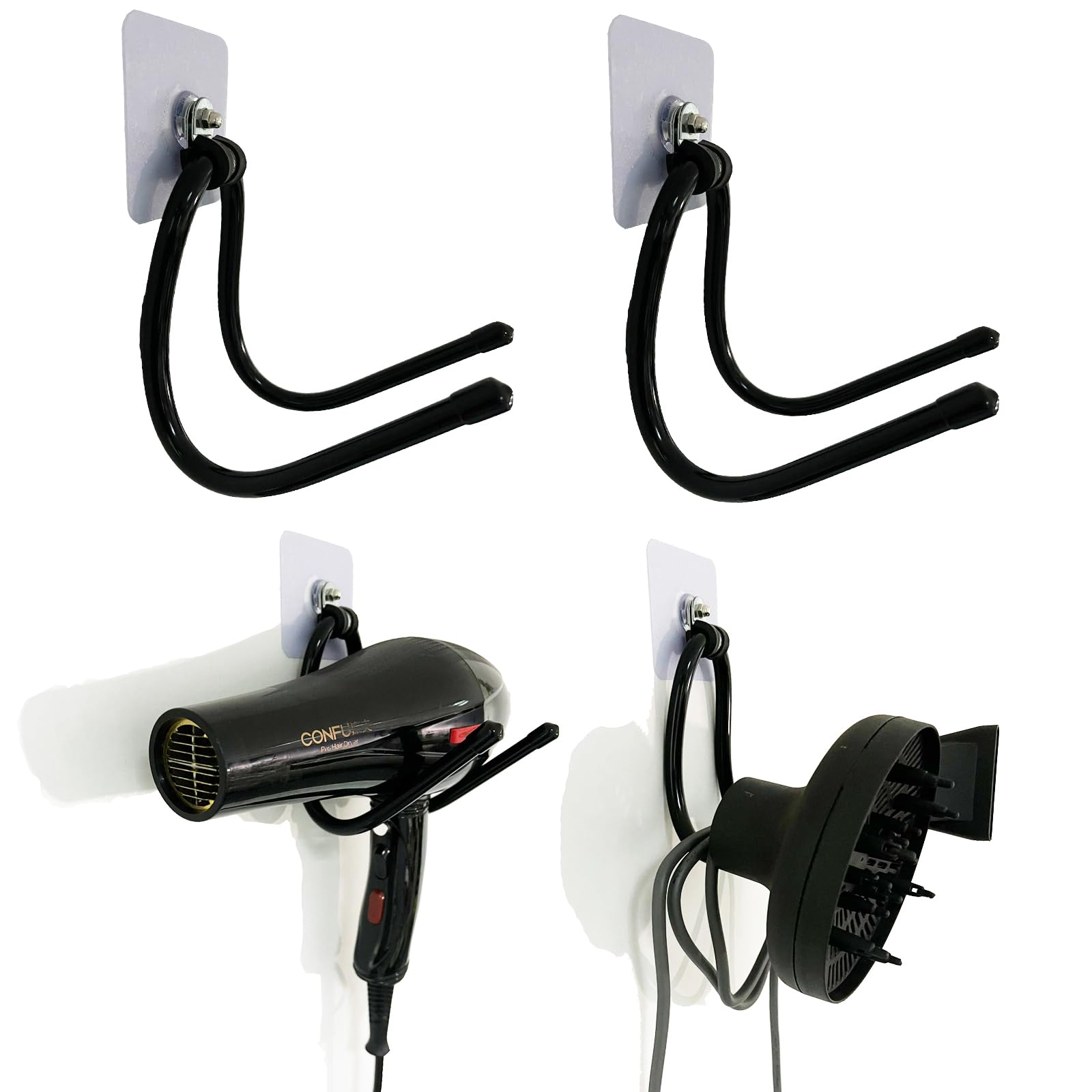 Universal Hair Dryer Holder, Blow Dryer Hanger Hook Wall Mount for Hair Dryer, Towels, Flat Iron,Hair Straightener &Cord Organizer for Cabinet Bathroom - Self Adhesive/Drilling - 2 Pack