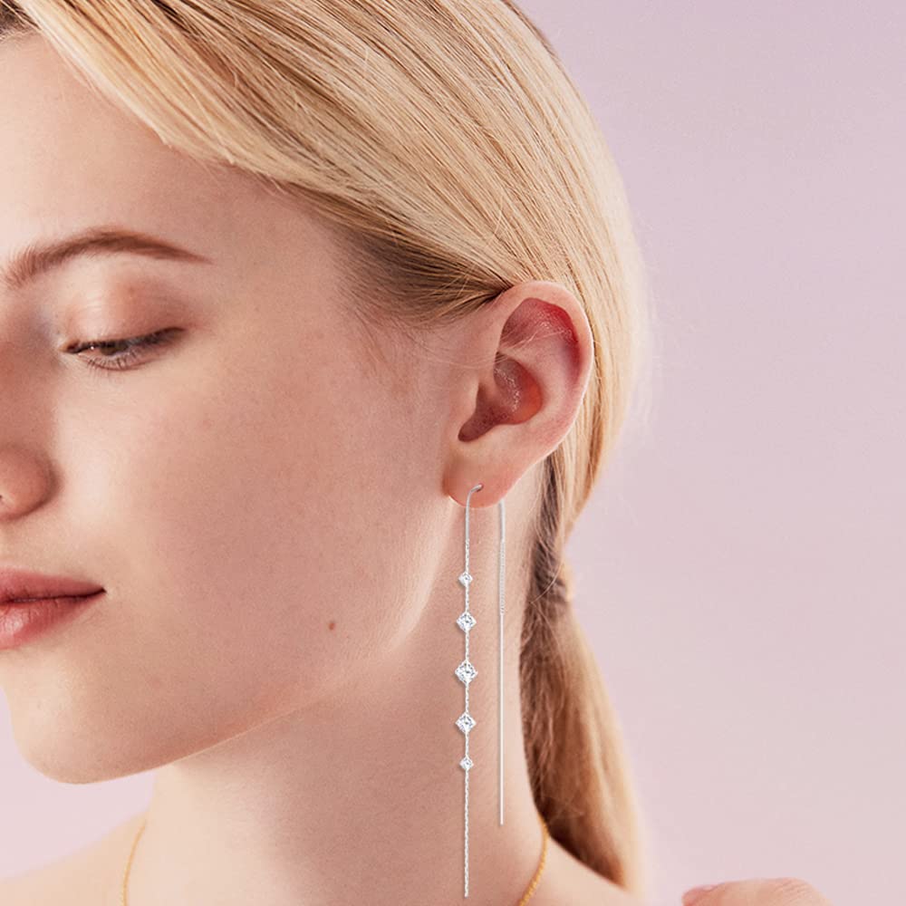 Threader Earrings for Women 925 Sterling Silver Plated Cubiz Zirconia Long Dangle Drop Earrings for Teen Girls