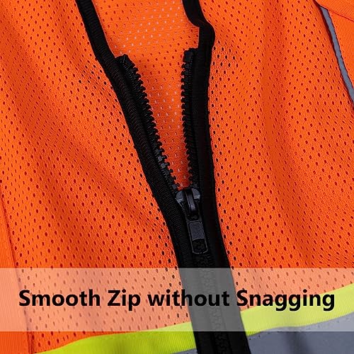 Sicalobo High Visibility Vest with Pockets Zipper for Men Women Construction Vest with Reflective Strips,Orange,L