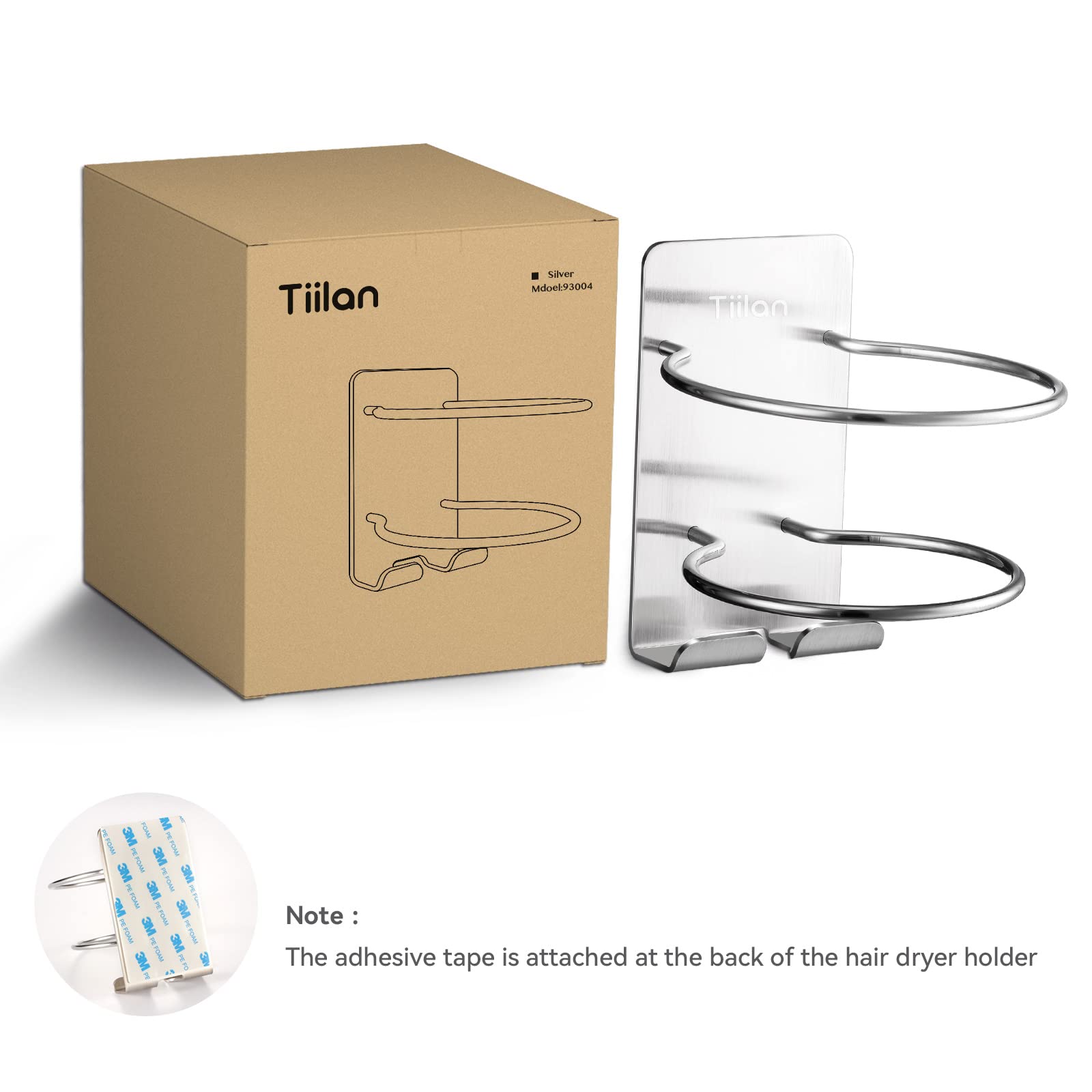 Tiilan Hair Dryer Holder Wall Mount, Blow Dryer Holder Self Adhesive, SUS 304 Stainless Steel, Bathroom Hair Tool Organizer Rack, Silver