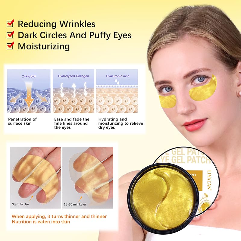 LIYALAN 24K Gold Under Eye Patches for Dark Circles and Puffiness Eye Mask Skin Care Products for Puffy Eyes Beauty for Women 60Pcs