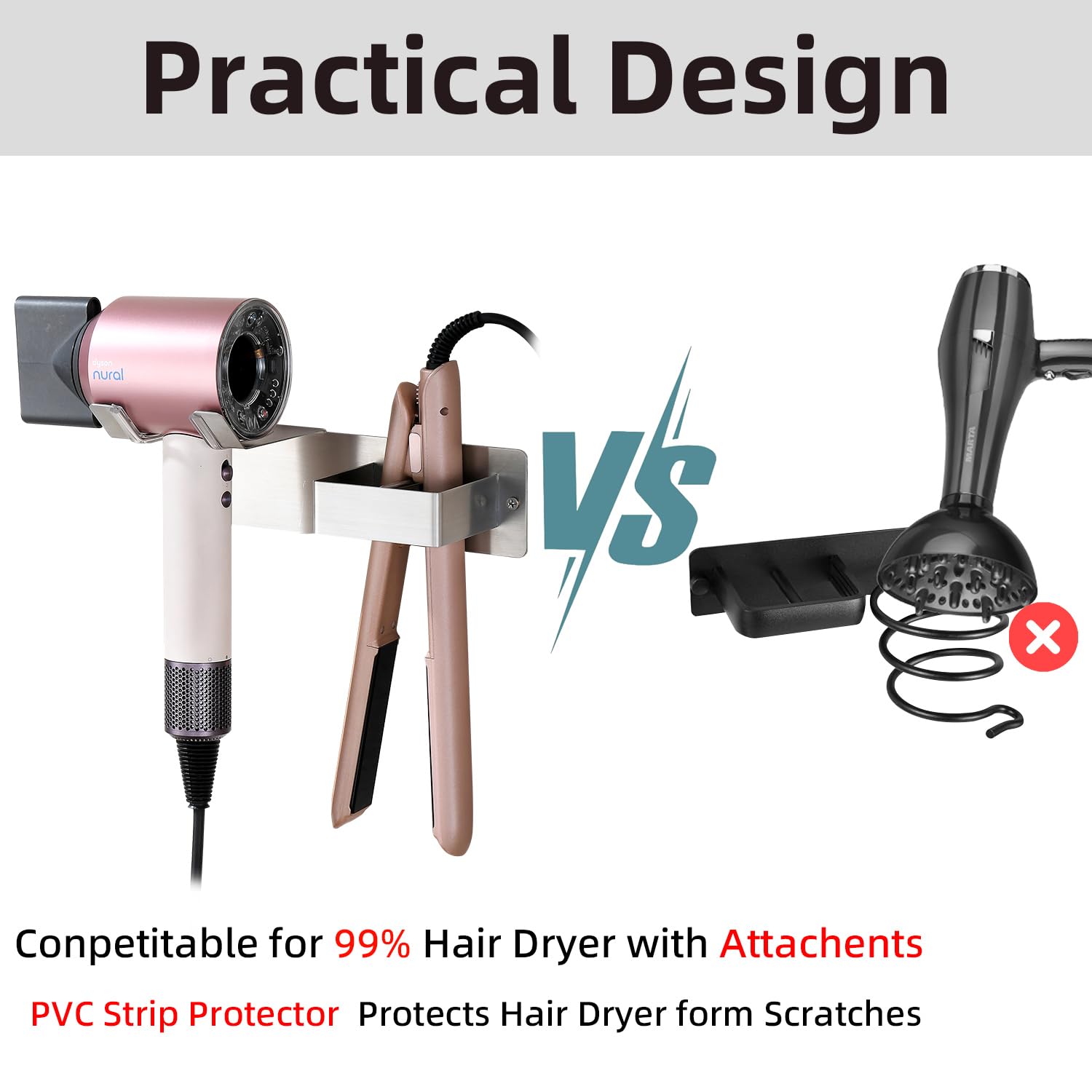 Hair Dryer Holder Wall Mounted, Stainless Steel Blow Dryer Holder for Bathroom, Hair Dryer and Straightener Holder Adhesive or Drilling, Hair Tool Organizer for Salon Barber Shops Banjekt