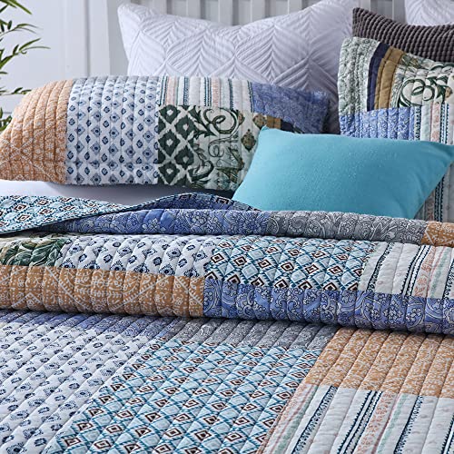 Autumn Dream Cotton Bedspread Quilt Sets Reversible Bedding Coverlet Sets Comforter, Bohemian Paisley Patchwork Blue Bedspread, Queen Size