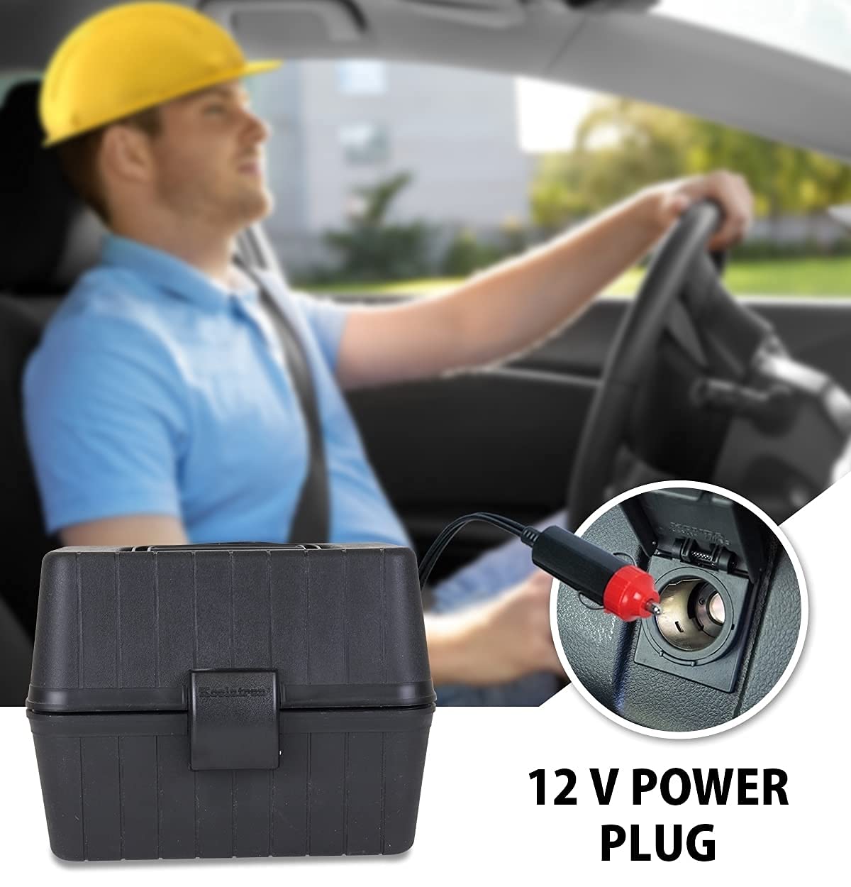 Koolatron 12V Heating Lunch Box Stove, 1.6 Qt (1.5 L), Black, 6 ft (1.8m) Power Cord, Heats to 300F (149C), Built-In Cord Storage, Classic Construction Worker Lunchbox, for Car, SUV, Pickup Truck
