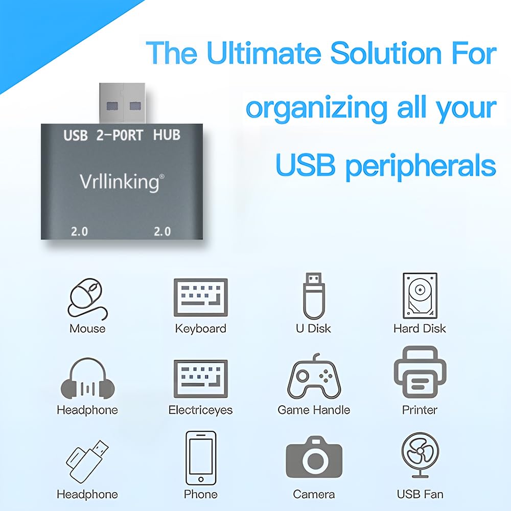 Vrllinking USB Hub, 2 Ports USB 2.0 Hub for Laptop, 2 Ports USB Splitter USB Expander for iMac Pro,MacBook Air, Mac Mini/Pro,Windows/Notebook PC,Printer,Flash Drive,Mobile HDD,Data and Charging
