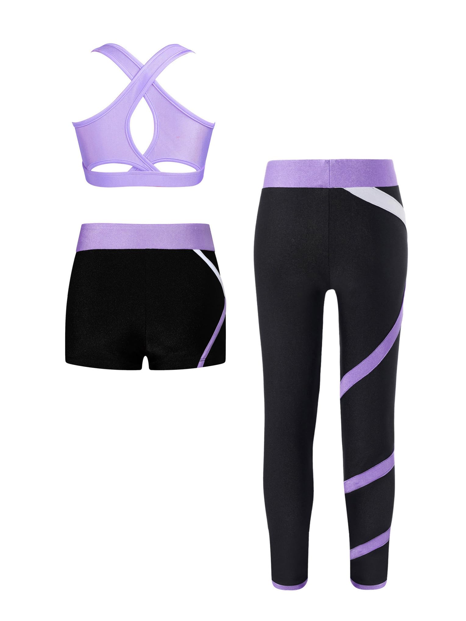 Hansber Kids Girla Dance Outfits Crop Top with Shorts Leggings 3 Pieces Outfits for Gymnastics Yoga Dancing Lavender 14 Years