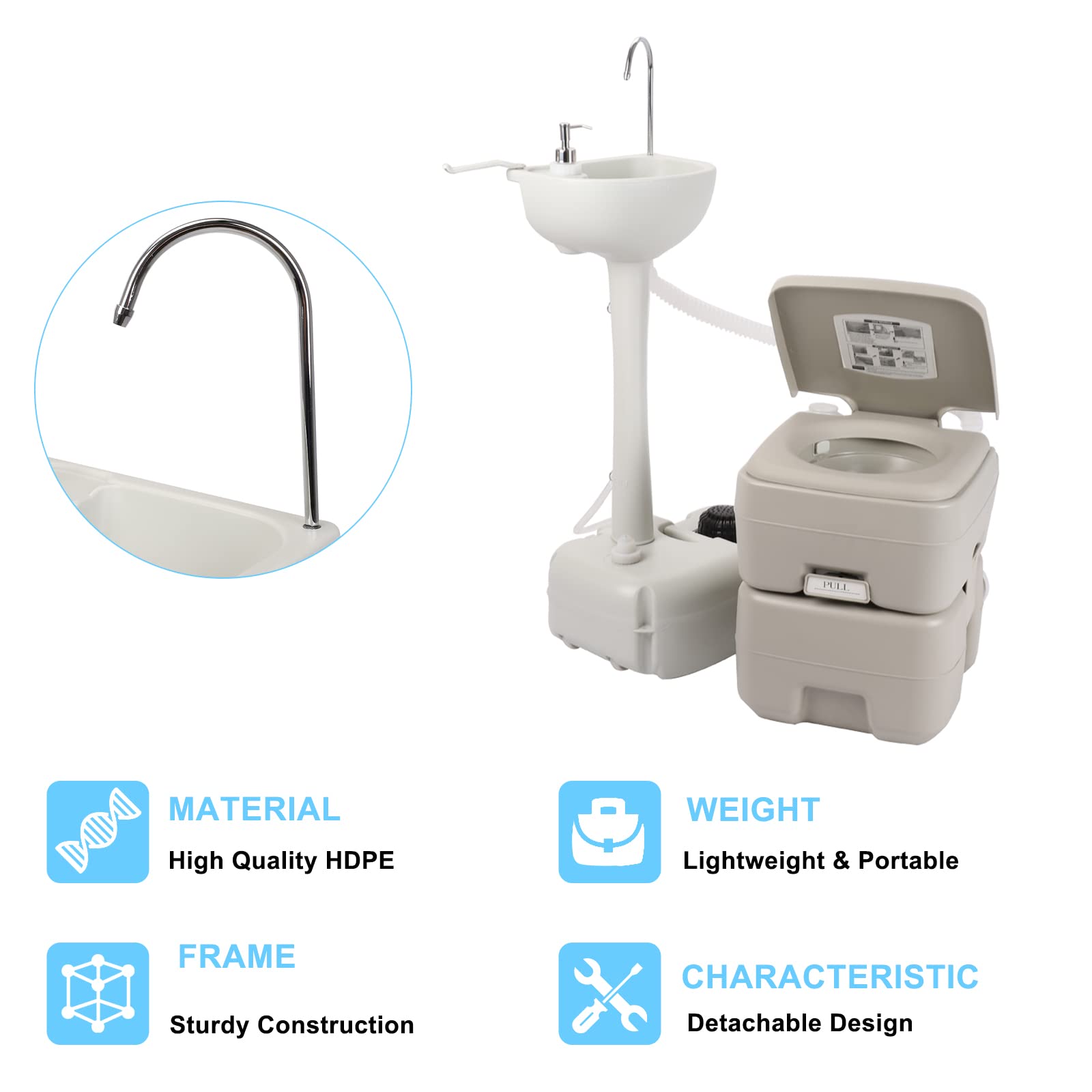 Outvita Portable Sink and Toilet Combo, 5 Gallon Hand Washing Station & 5.3 gallon Flushing Toilet, Detachable Wastewater Recycled Perfect for Outdoor Camping RV Travel Boat