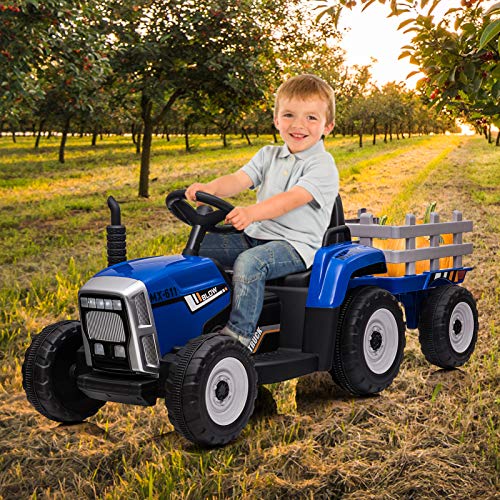 Nasitip 12V Kids Battery Powered Electric Tractor with Trailer, Toddler Ride On Car w/Remote Control/ 7-LED Headlights/ 2+1 Gear Shift/ MP3 Player/USB Port for Kids 3-6 Years (Blue, 25W/ Tread Tire)