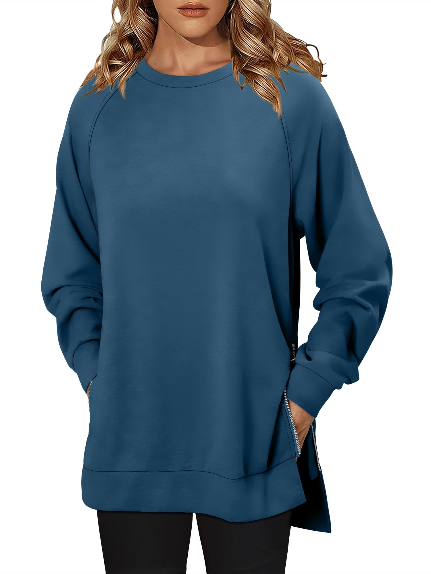 BETTE BOUTIK The Drop Long Sleeve Womens Sweatshirts with Zipper Side Slits Long Tops for Women Plain Tunics Sweatshirts Cute Tops Blue X-Large