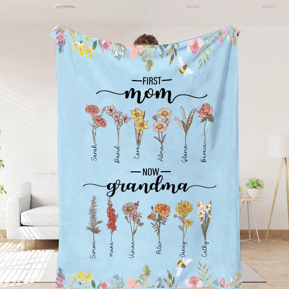 Pofily First Mom Now Grandma Birth Flowers Blanket, Personalized, Mom Grandma Blanket Gift for Mom Gift for Grandma, Mom Blanket, Grandma Blanket