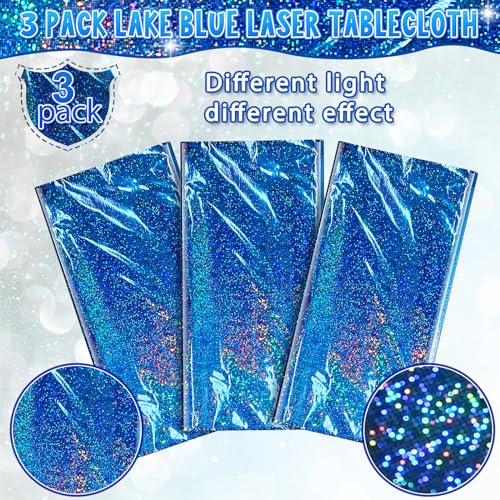 3 Pack Iridescent Blue Plastic Tablecloth, FunnyPars Shiny Disposable Laser Rectangle Table Cover, Holographic Foil Tablecloth Iridescent Party Decorations for Birthday Wedding Ocean Theme, 54x108Inch