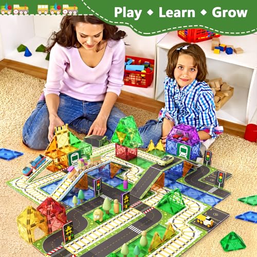 56PCS Magnetic Tiles Railroad Toppers Kids Toys Add-on Train Track Playset Playing with Trains Cars Preschool Learning Activities STEM Toys for Age 5-7