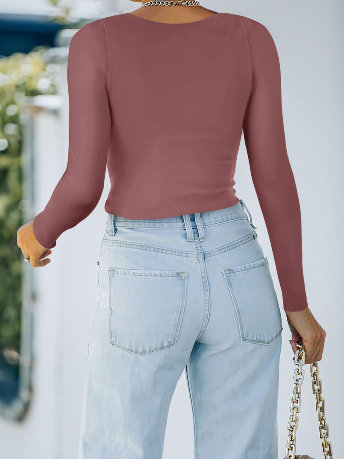 REORIA Women's Cute Long Sleeve Crew Neck Double Lined Going Out Crop Tops Fashion Tight T Shirts Slim Fit Basic Tee Tops for Teen Girls Masala Small