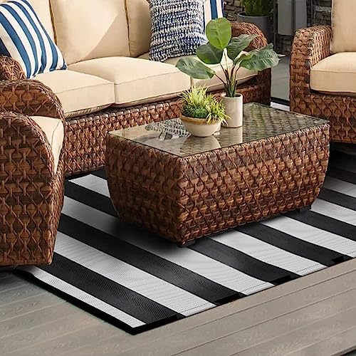 Pcinfuns Plastic Straw Rug,Patio Rugs RV Camping Rug Reversible Mat,4'x6' Large Floor Mat and Rug for Outdoor,Black and White Stripes