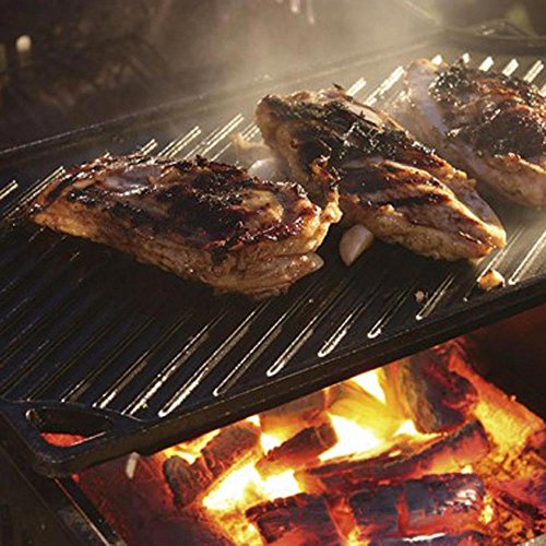 Lodge Reversible Cast Iron Grill/Griddle – 9.5 x 16.75 Inch Pre-Seasoned Cooking Surface – Flat & Ribbed Sides – Use on Stove, Grill, or Campfire – Made in the USA – Heavy-Duty, Black