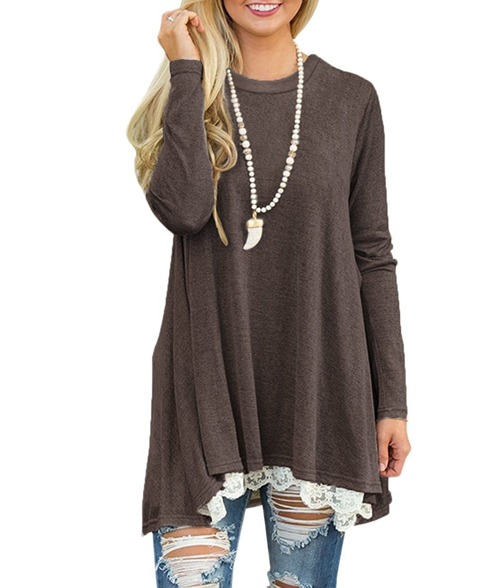 WEKILI Women's Tops Long Sleeve Lace Scoop Neck A-line Tunic Blouse Coffee XL/US 16-18