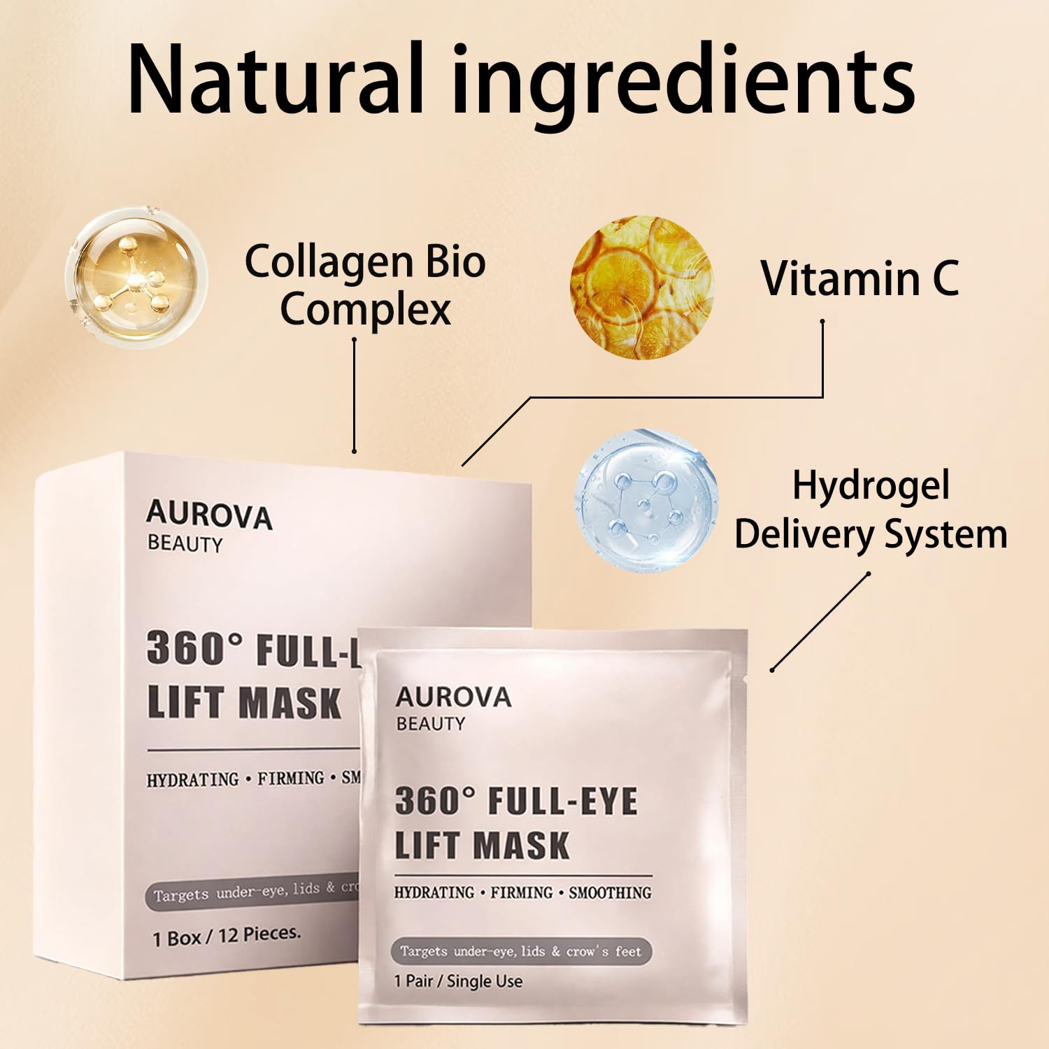 Gengyve Aurova Beauty Eye Mask, HYDRATING, FIRMING, SMOOTHING, Eye Mask with Bio-Collagen Peptide Complex & Vitamin C(1Set/12 Patch)