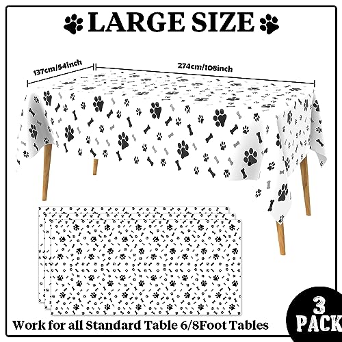 QEYMN Puppy Paw Print Plastic Tablecloth Table Cover, 3 Pack Pupply Paw Print Disposable Rectangle Table Covers for Kids Birthday Party, Pet Puppy Themed Birthday Party Decorations, 54x108 inch