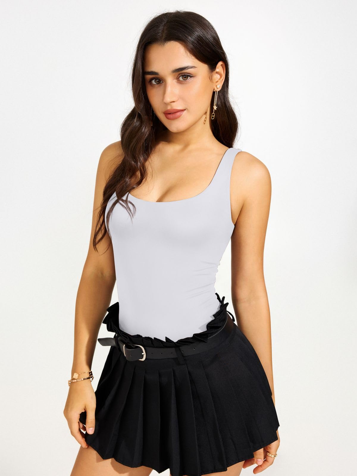 REORIA Bodysuit for Women Scoop Neck Sleeveless Tank Top Bodysuits 2025 Sexy Thong Bodysuit Basic Leotards for Women