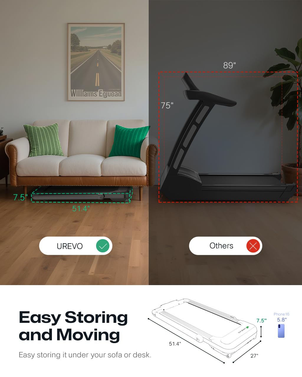 UREVO Smart Treadmill with 9% Incline, 3-in-1 Foldable Treadmill with Handle for Home/Office Fitness, Runner-Focused Design, 6 HIIT Programs & Auto Incline Follow Mode, 2 Display Screens, Plug & Play