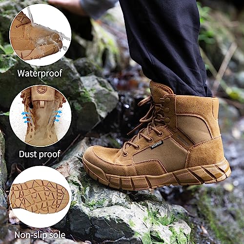 FREE SOLDIER Waterproof Hiking Work Boots Men's Tactical Boots 6 Inches Lightweight Military Boots Breathable Desert Boots (Brown,13)